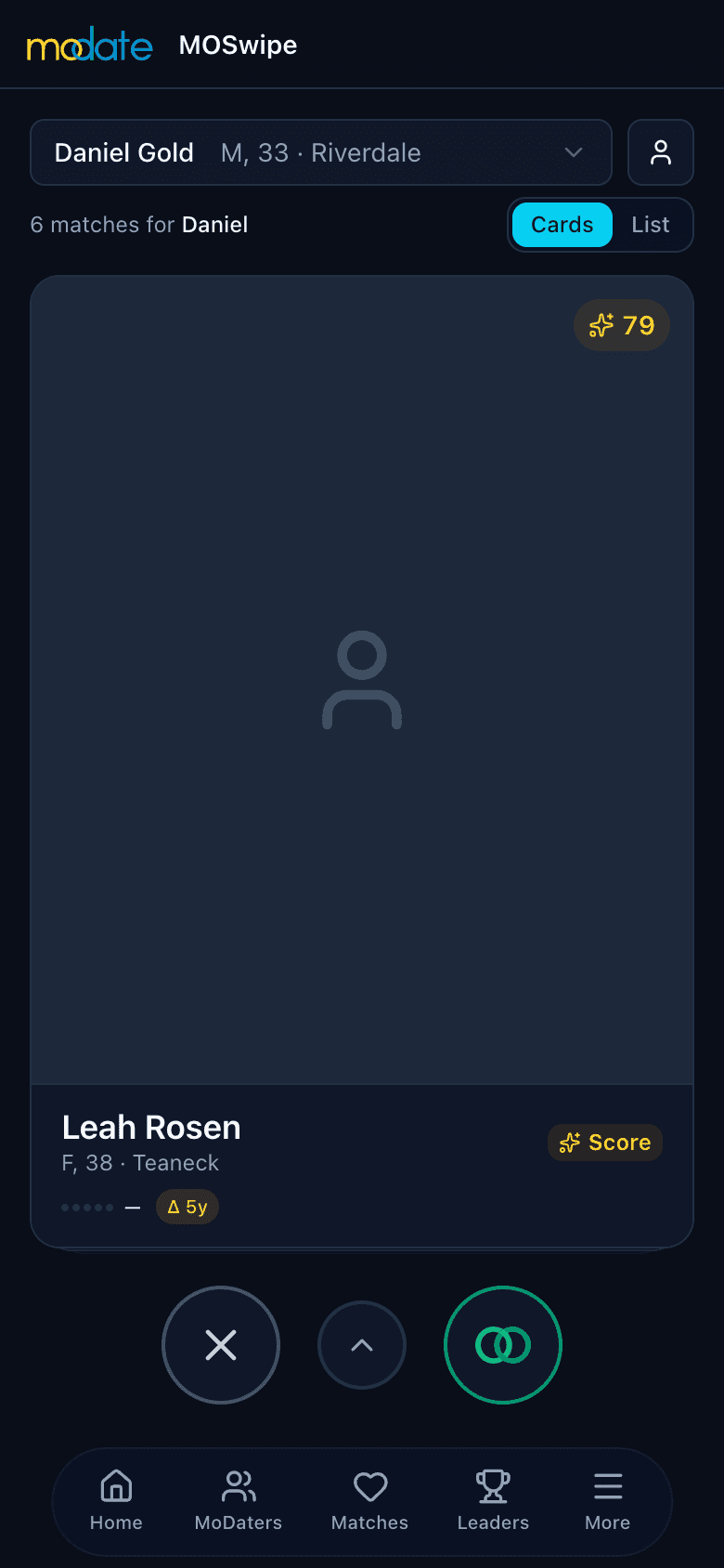MOSwipe card mode on a phone: one suggested match with dismiss, skip and propose buttons